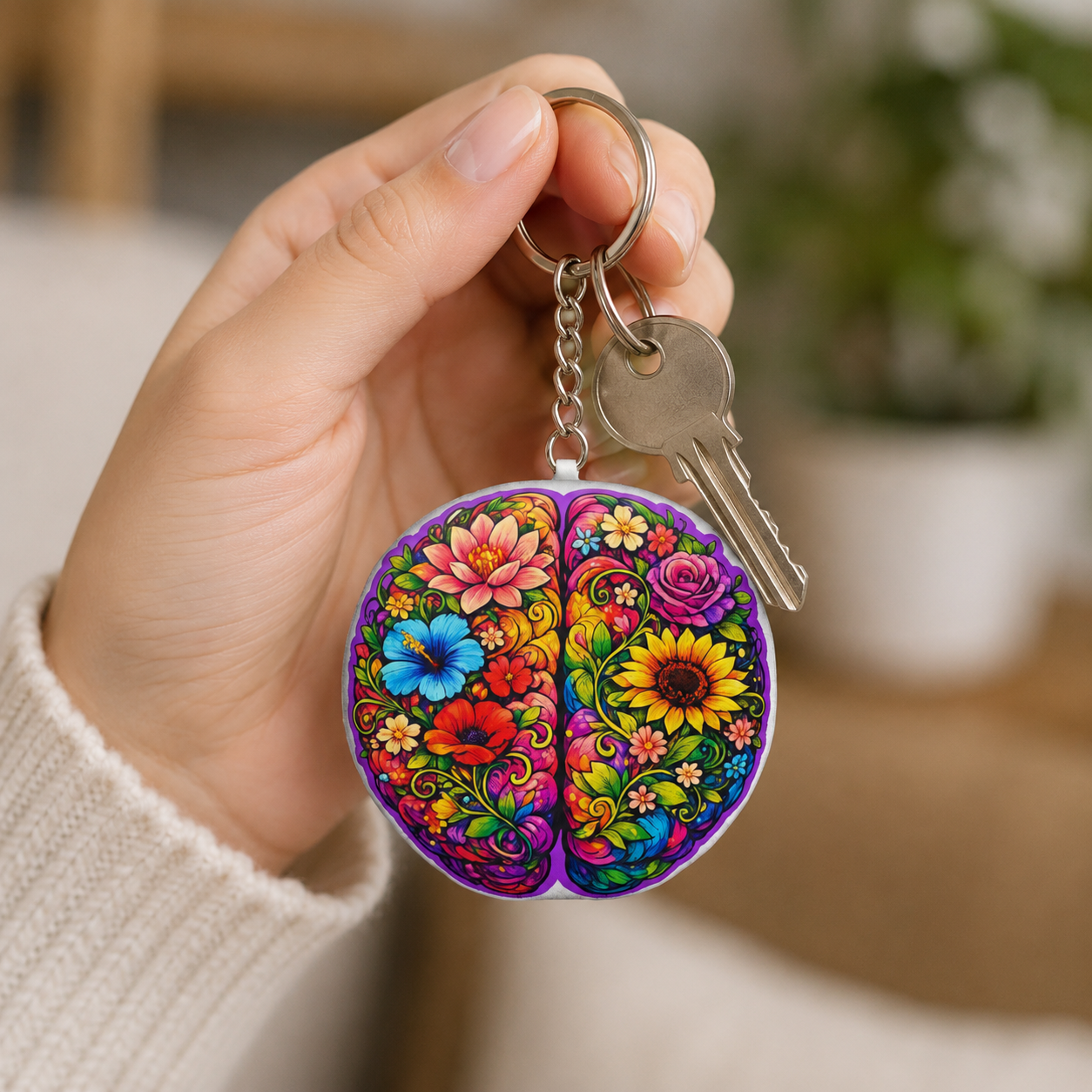 Floral Brain Keychain – Colorful Awareness-Inspired Acrylic Key Ring - Jewelry, Keychains - EpiAl's Shop
