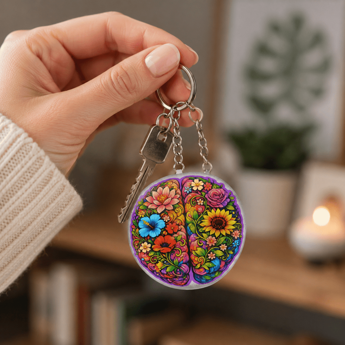 Floral Brain Keychain – Colorful Awareness-Inspired Acrylic Key Ring - Jewelry, Keychains - EpiAl's Shop