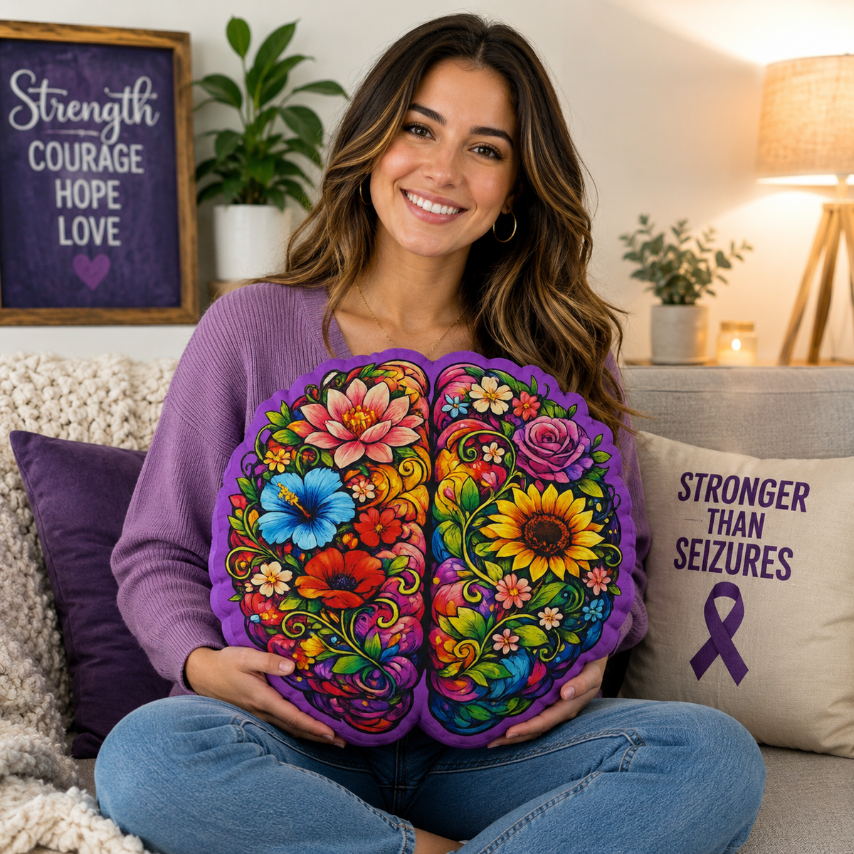 Floral Brain Shaped Pillow – Colorful Epilepsy Awareness Cushion - Decor, Pillows, Shaped - EpiAl's Shop