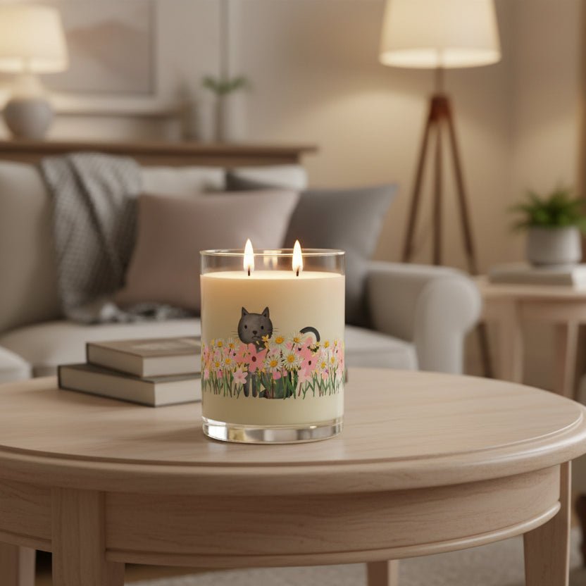Floral Cat Glass Candle – Cozy Cat Lover Home Decor - Decor, Candles, Scented - EpiAl's Shop