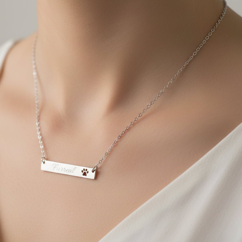 Furreal Engraved Bar Necklace with Paw Detail - Jewelry, Necklaces - EpiAl's Shop