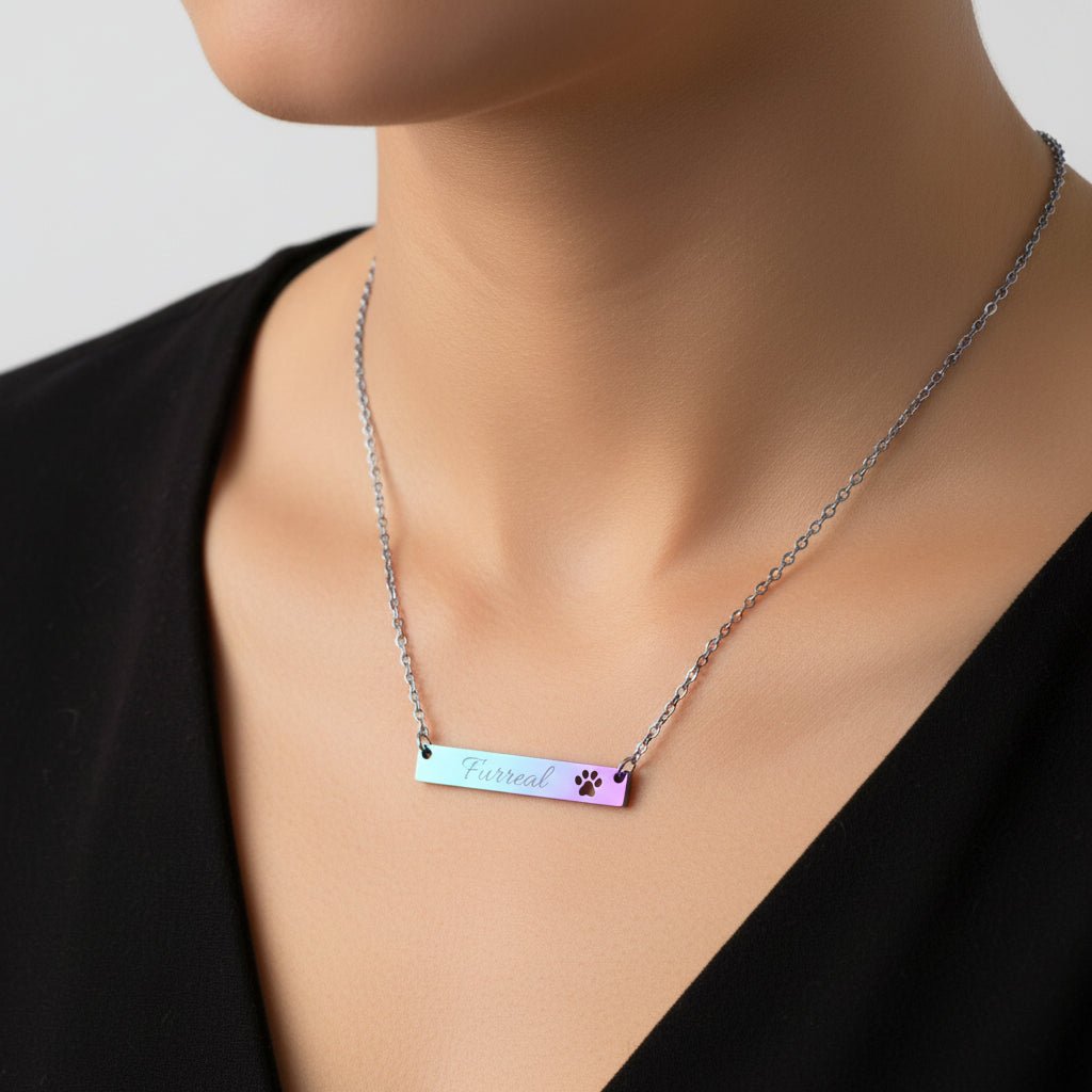Furreal Engraved Bar Necklace with Paw Detail - Jewelry, Necklaces - EpiAl's Shop