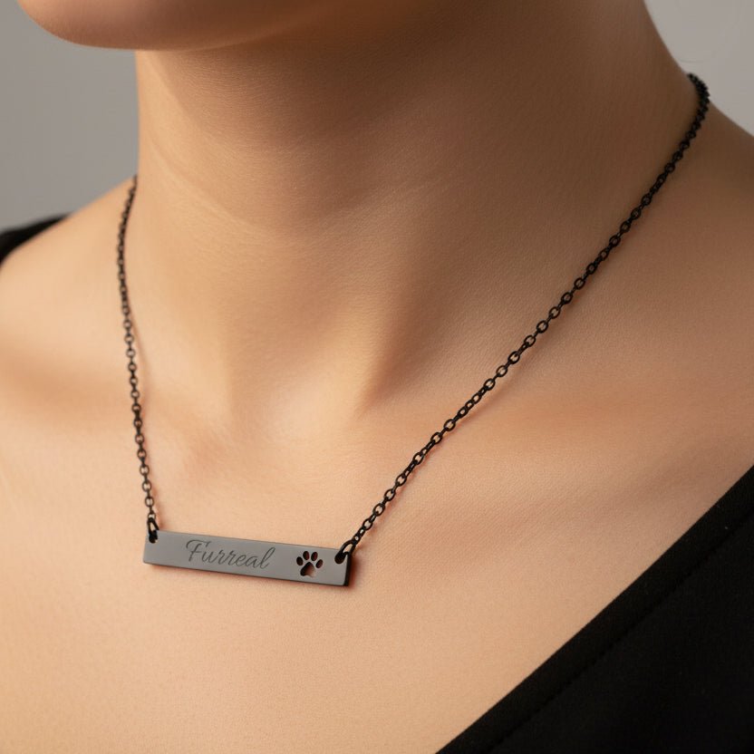 Furreal Engraved Bar Necklace with Paw Detail - Jewelry, Necklaces - EpiAl's Shop