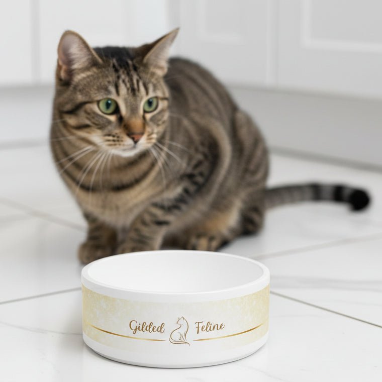 Gilded Feline Ceramic Cat Bowl | 16 oz Modern Gold Cat Design - Pet Supplies, Bowls - EpiAl's Shop