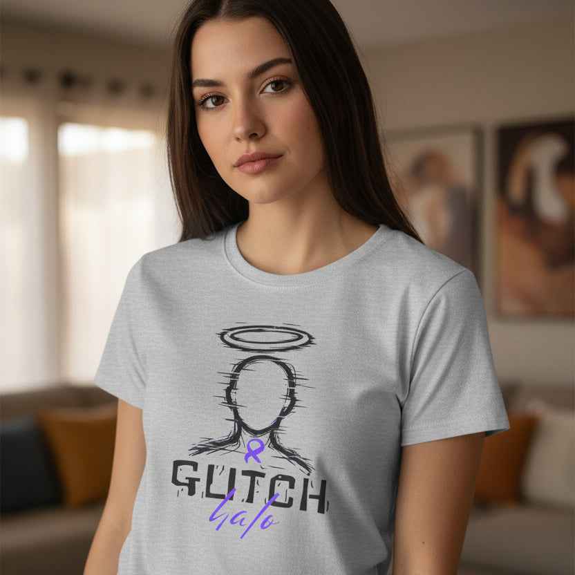 Glitch Halo Women’s Epilepsy Awareness T-Shirt – Purple Ribbon Awareness Tee - Clothing, Women, T-Shirts - EpiAl's Shop