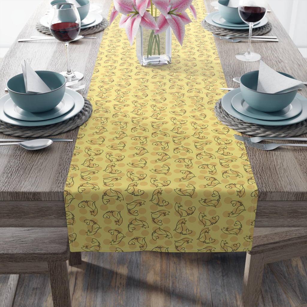 Golden Purr Cat Table Runner – Minimalist Line Art Polka Dot Design - Decor, Home, Tablecloths & Runners - EpiAl's Shop