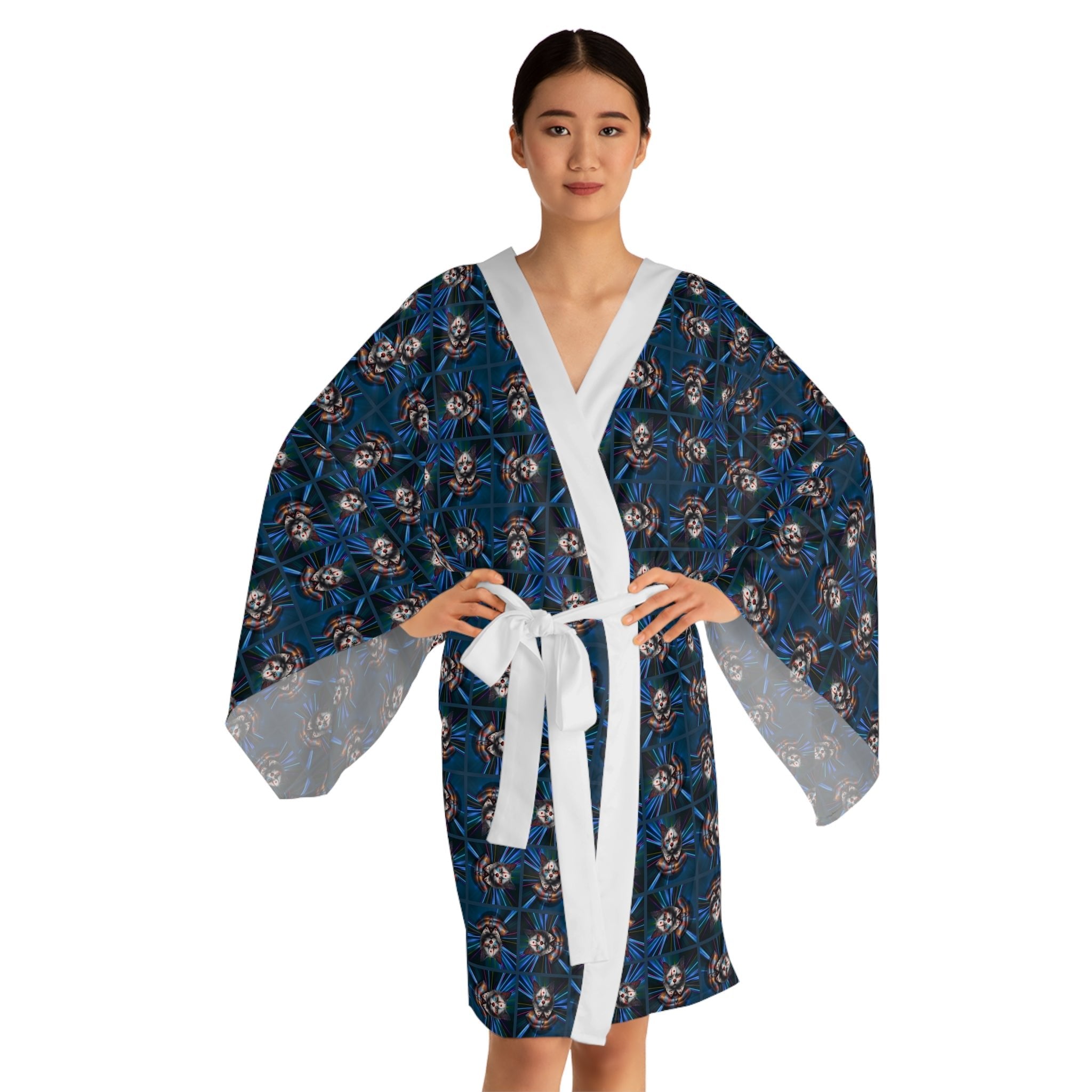 Gothic Clown Cat Print Long Sleeve Kimono Robe | Boho Lounge Wear - Clothing, Pajamas - EpiAl's Shop