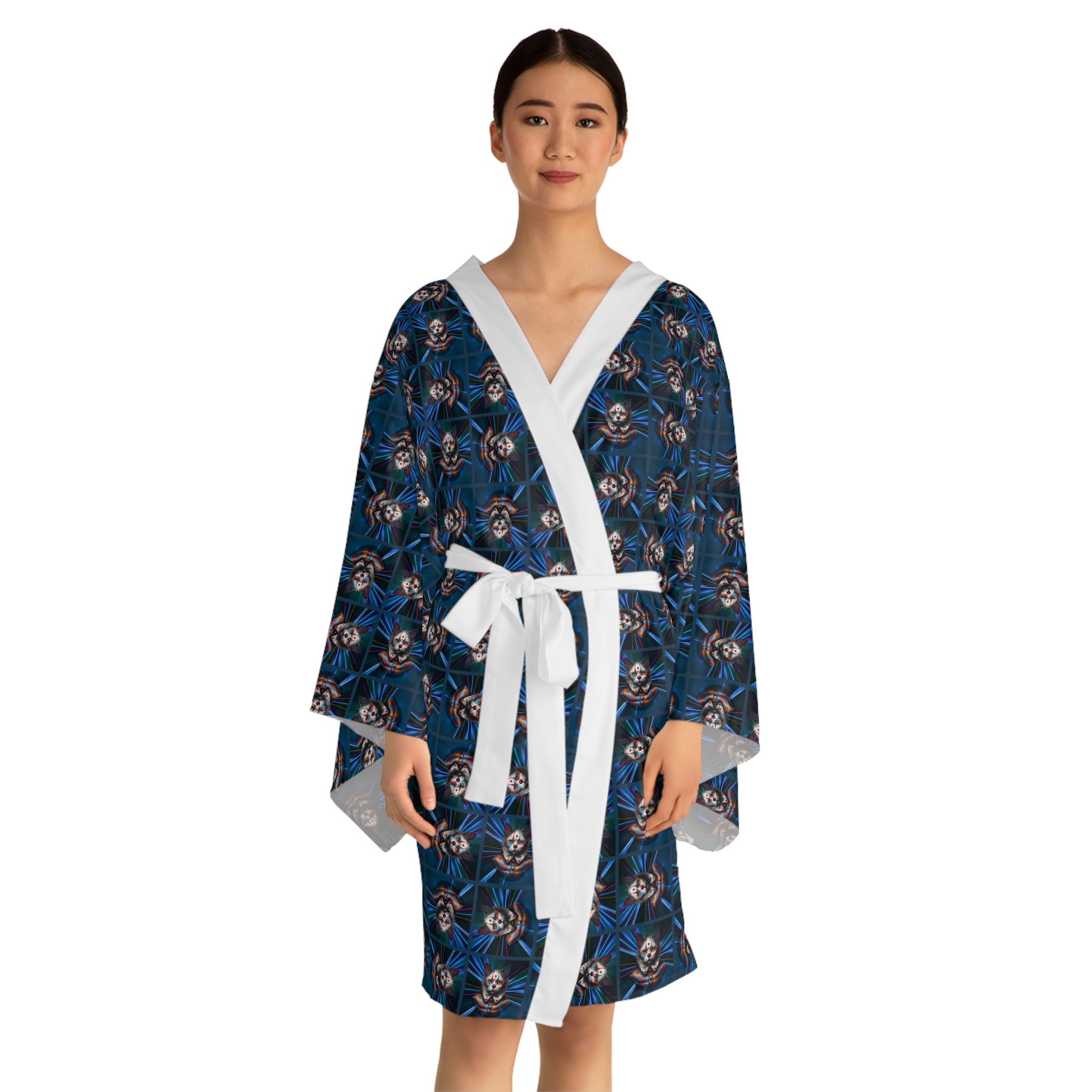 Gothic Clown Cat Print Long Sleeve Kimono Robe | Boho Lounge Wear - Clothing, Pajamas - EpiAl's Shop