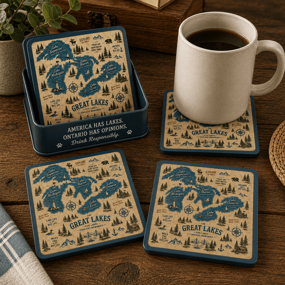 Great Lakes Vintage Map Coaster Set | Lake Ontario / Lake America Conversation Coasters - Decor, Coasters - EpiAl's Shop