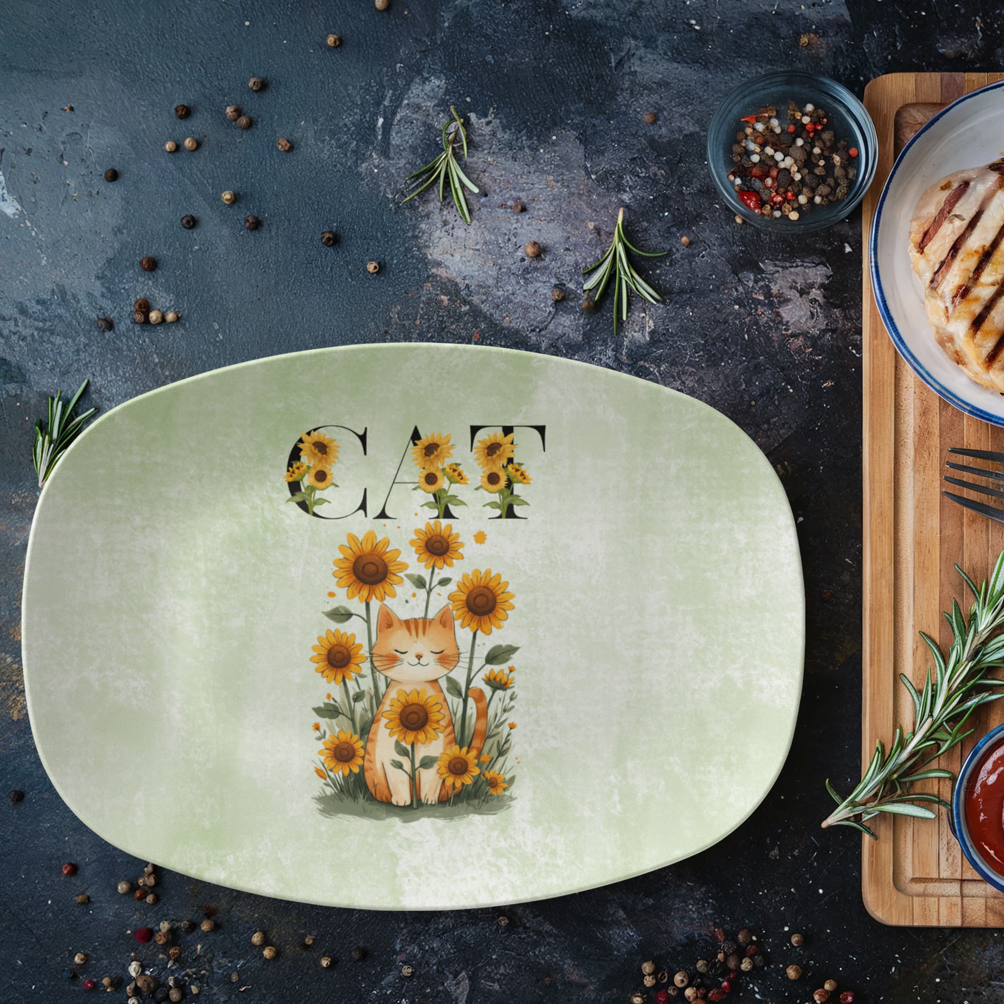 Green Sunflower Cat Collectible Platter - Decor, Kitchen & Dining, Serving Platters - EpiAl's Shop