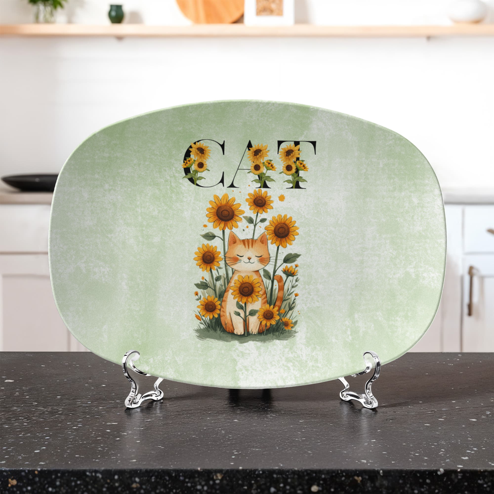 Green Sunflower Cat Collectible Platter - Decor, Kitchen & Dining, Serving Platters - EpiAl's Shop