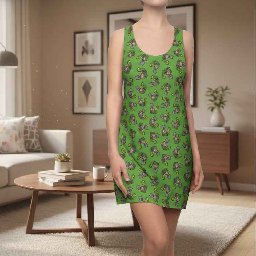 Green WhimsiCat Racerback Dress – Lightweight Athletic Cat Print Dress - Clothing, Women, Dresses - EpiAl's Shop