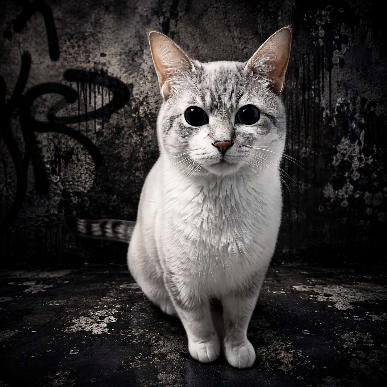 White cat sitting in a grungy room