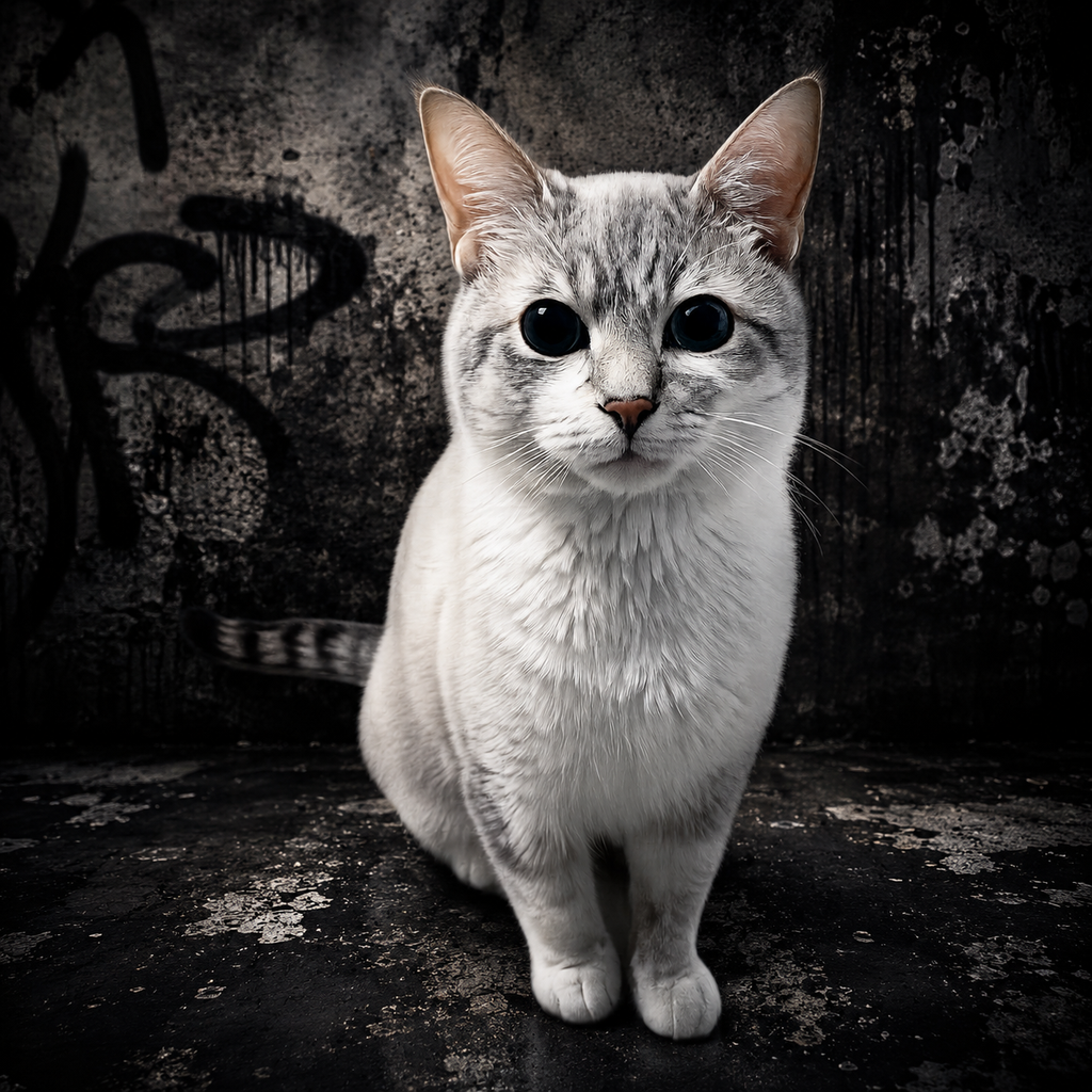 White cat sitting in a grungy room