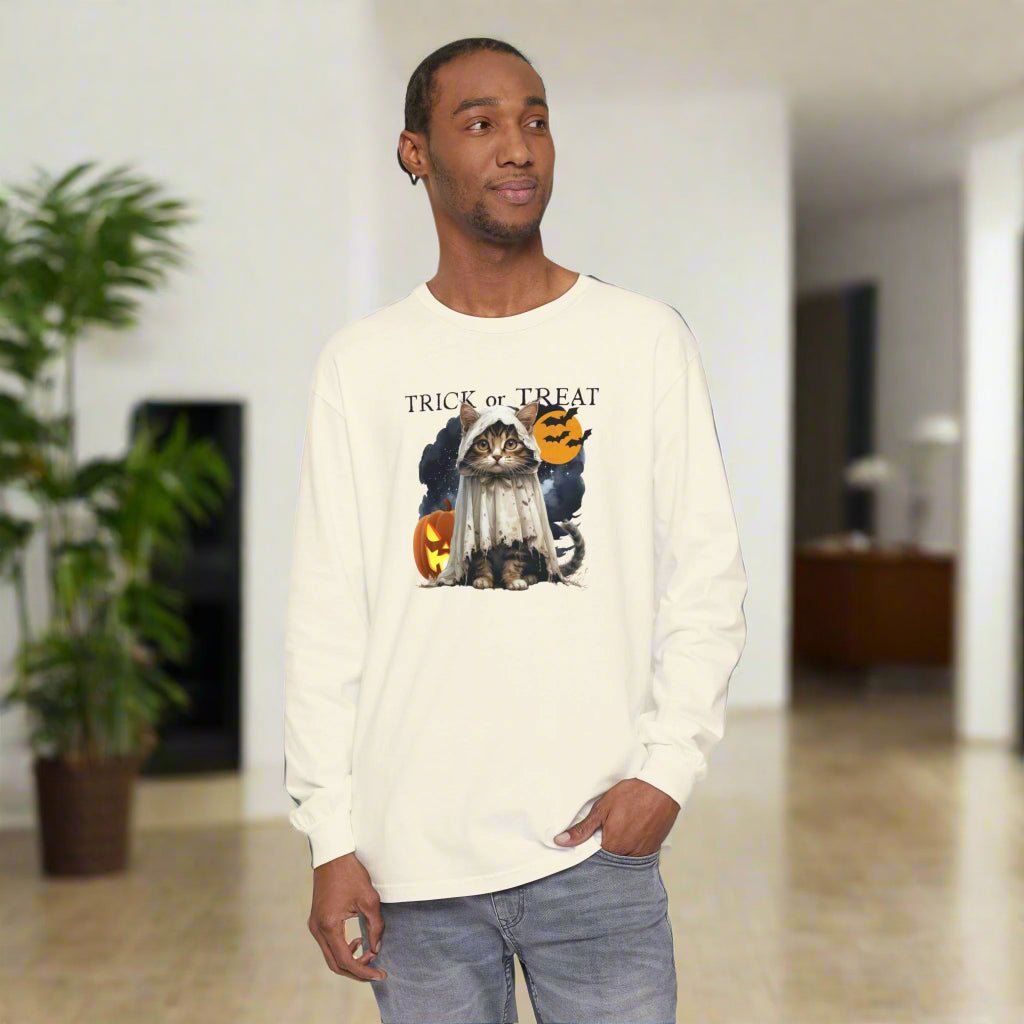 Halloween Cat Long Sleeve Tee, Unisex Spooky Shirt - Clothing, T-shirts, Long - Sleeve - EpiAl's Shop