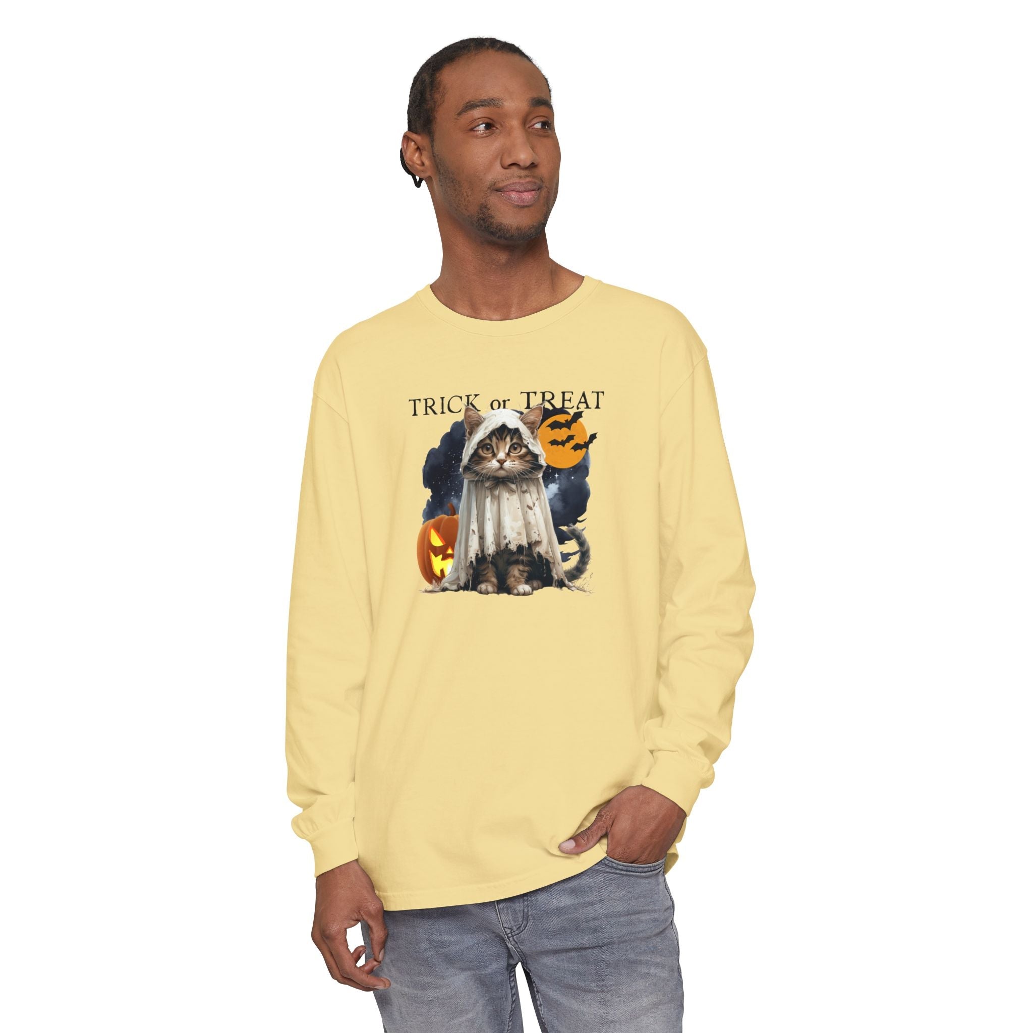 Halloween Cat Long Sleeve Tee, Unisex Spooky Shirt - Clothing, T-shirts, Long - Sleeve - EpiAl's Shop