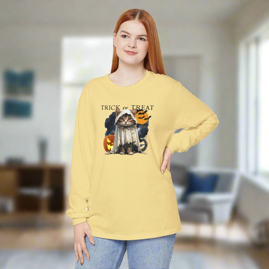 Halloween Cat Long Sleeve Tee, Unisex Spooky Shirt - Clothing, T-shirts, Long - Sleeve - EpiAl's Shop