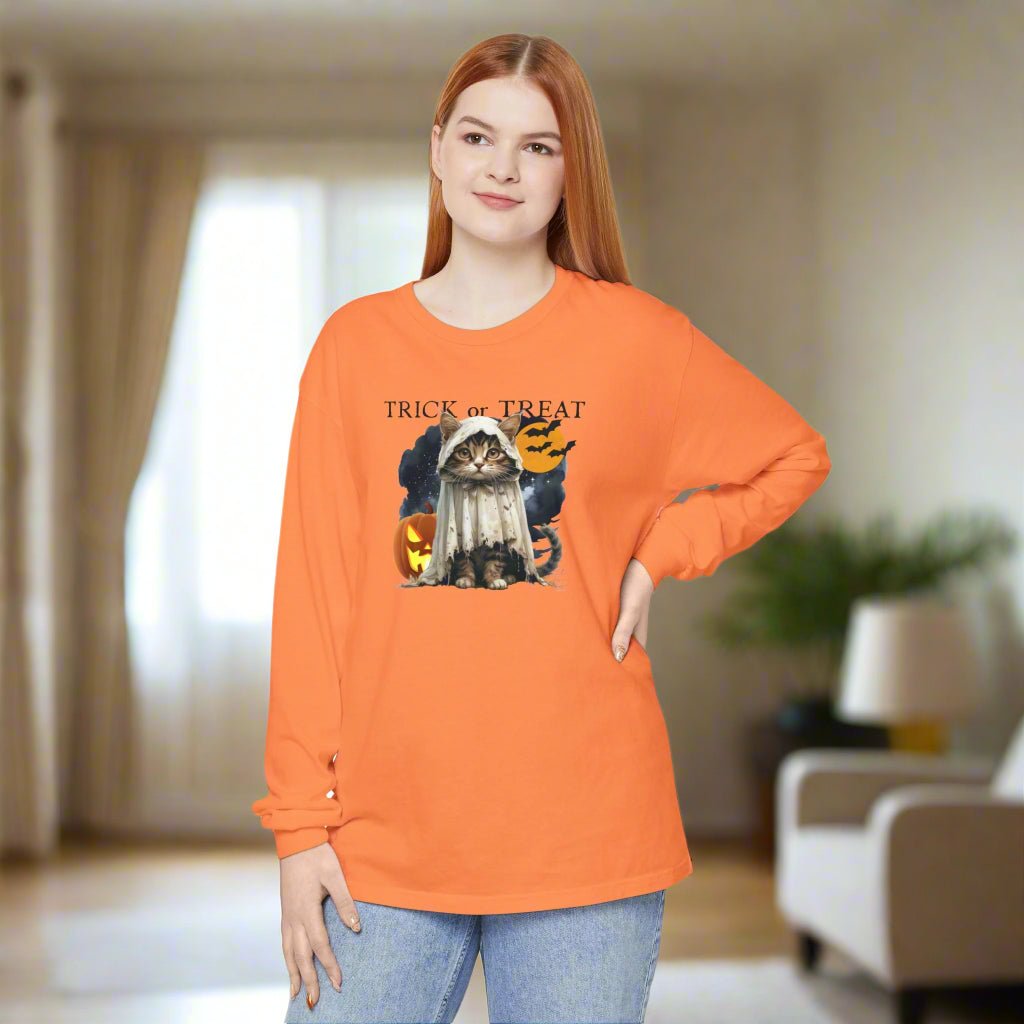 Halloween Cat Long Sleeve Tee, Unisex Spooky Shirt - Clothing, T-shirts, Long - Sleeve - EpiAl's Shop