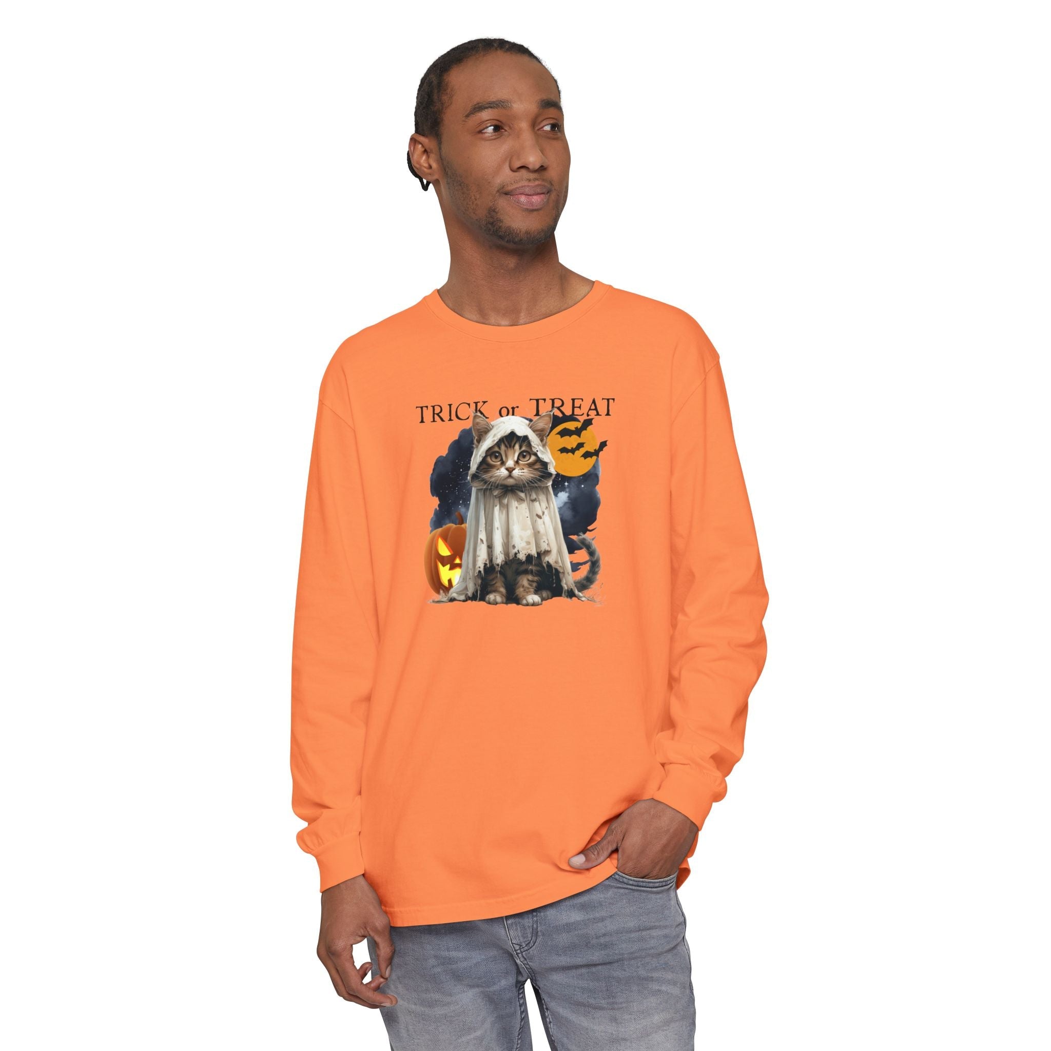Halloween Cat Long Sleeve Tee, Unisex Spooky Shirt - Clothing, T-shirts, Long - Sleeve - EpiAl's Shop