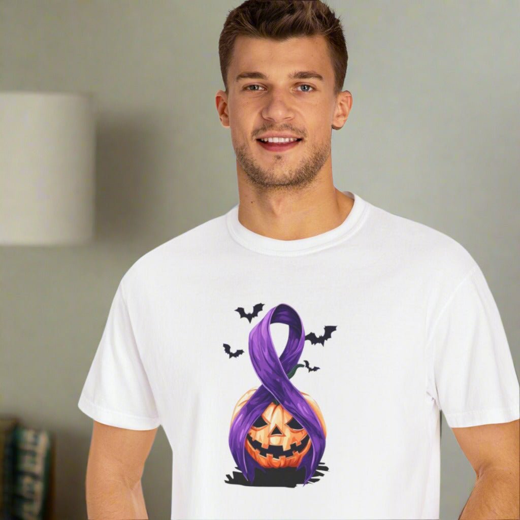 Halloween Pumpkin Unisex T-Shirt with Purple Ribbon Design - Clothing, T-shirts - EpiAl's Shop