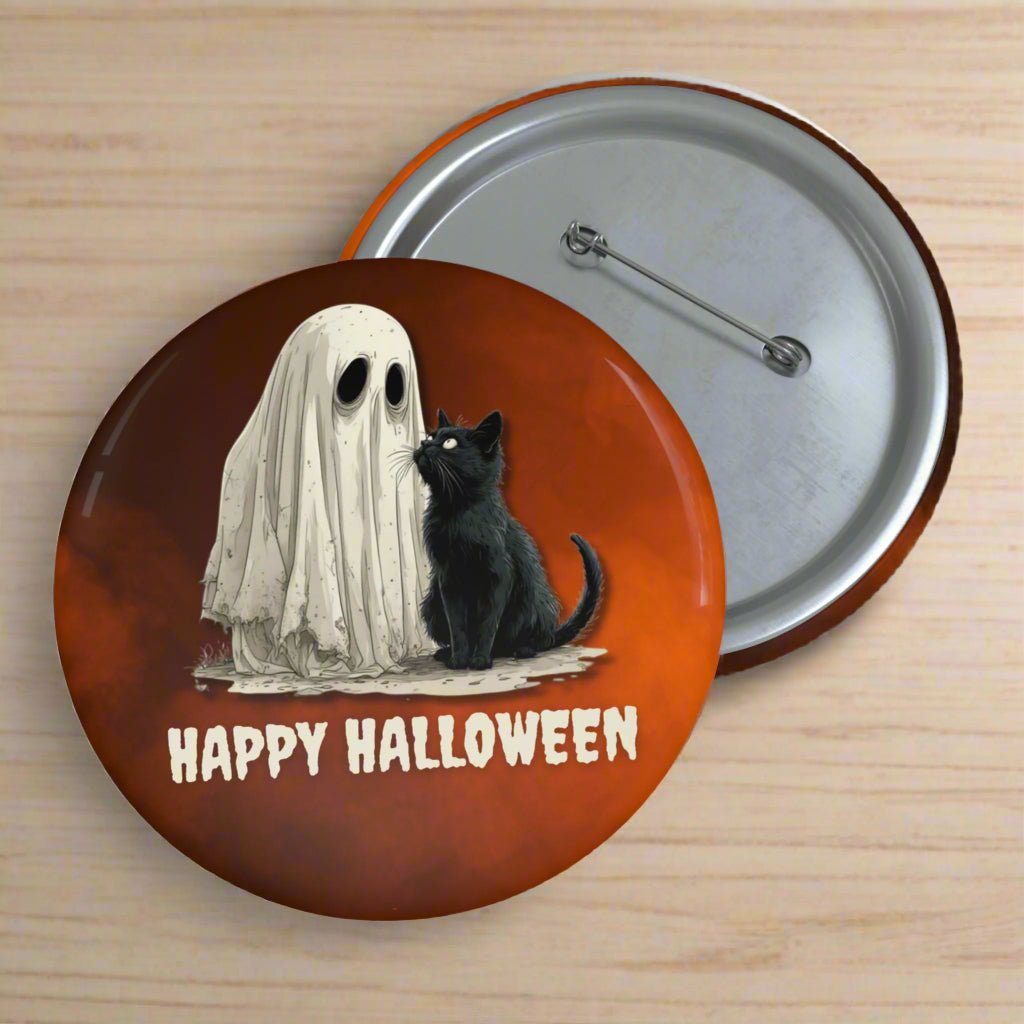 Happy Halloween Ghost & Cat Pin Buttons - Collectibles, Pinback Buttons - EpiAl's Shop