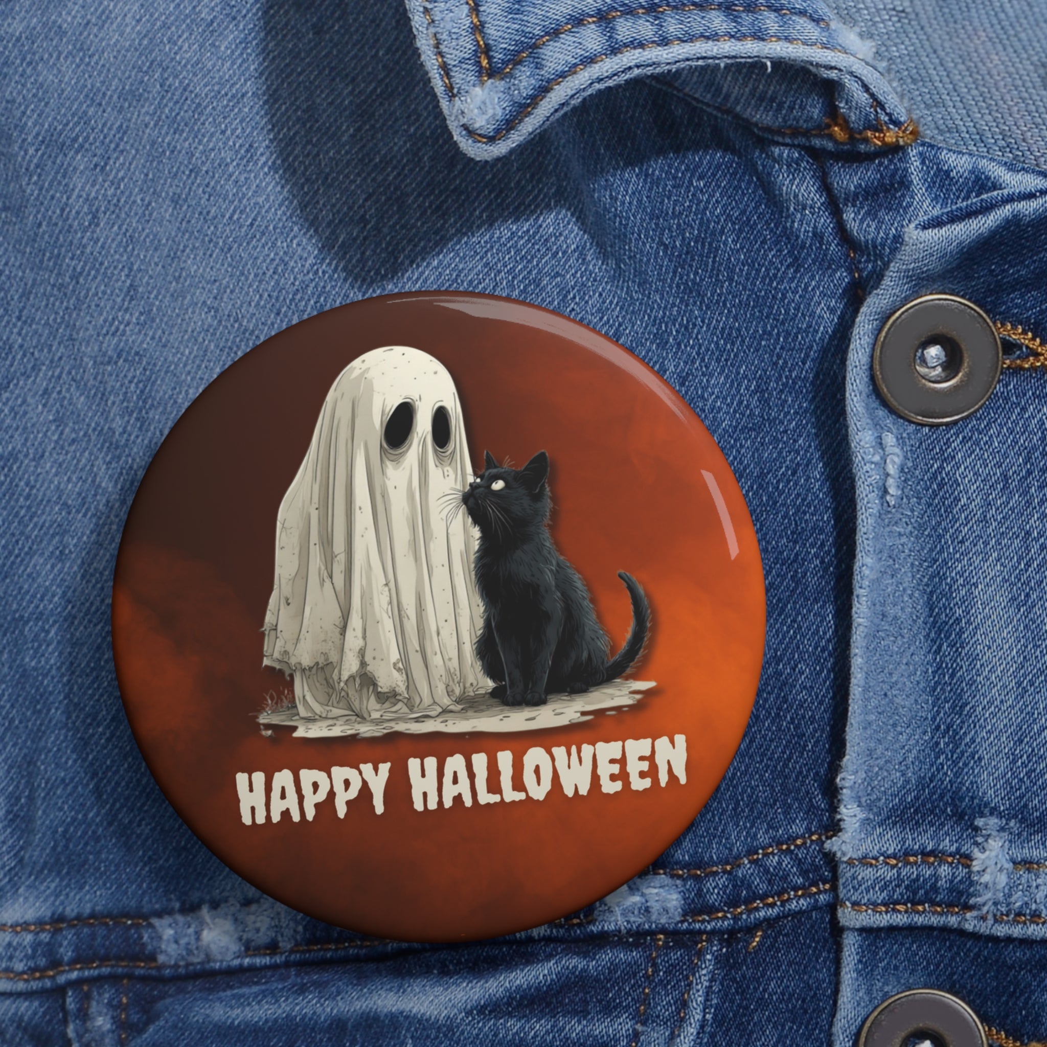 Happy Halloween Ghost & Cat Pin Buttons - Collectibles, Pinback Buttons - EpiAl's Shop