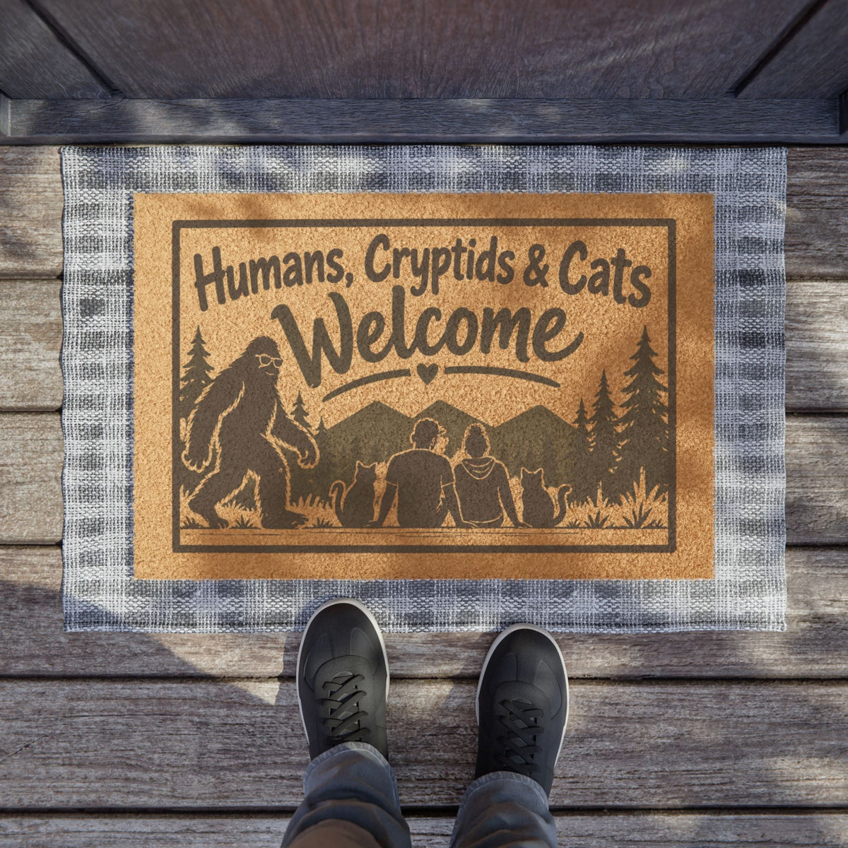 Humans, Cryptids & Cats Welcome Doormat | Bigfoot & Cat Coir Welcome Mat - Decor, Rugs, Outdoor - EpiAl's Shop