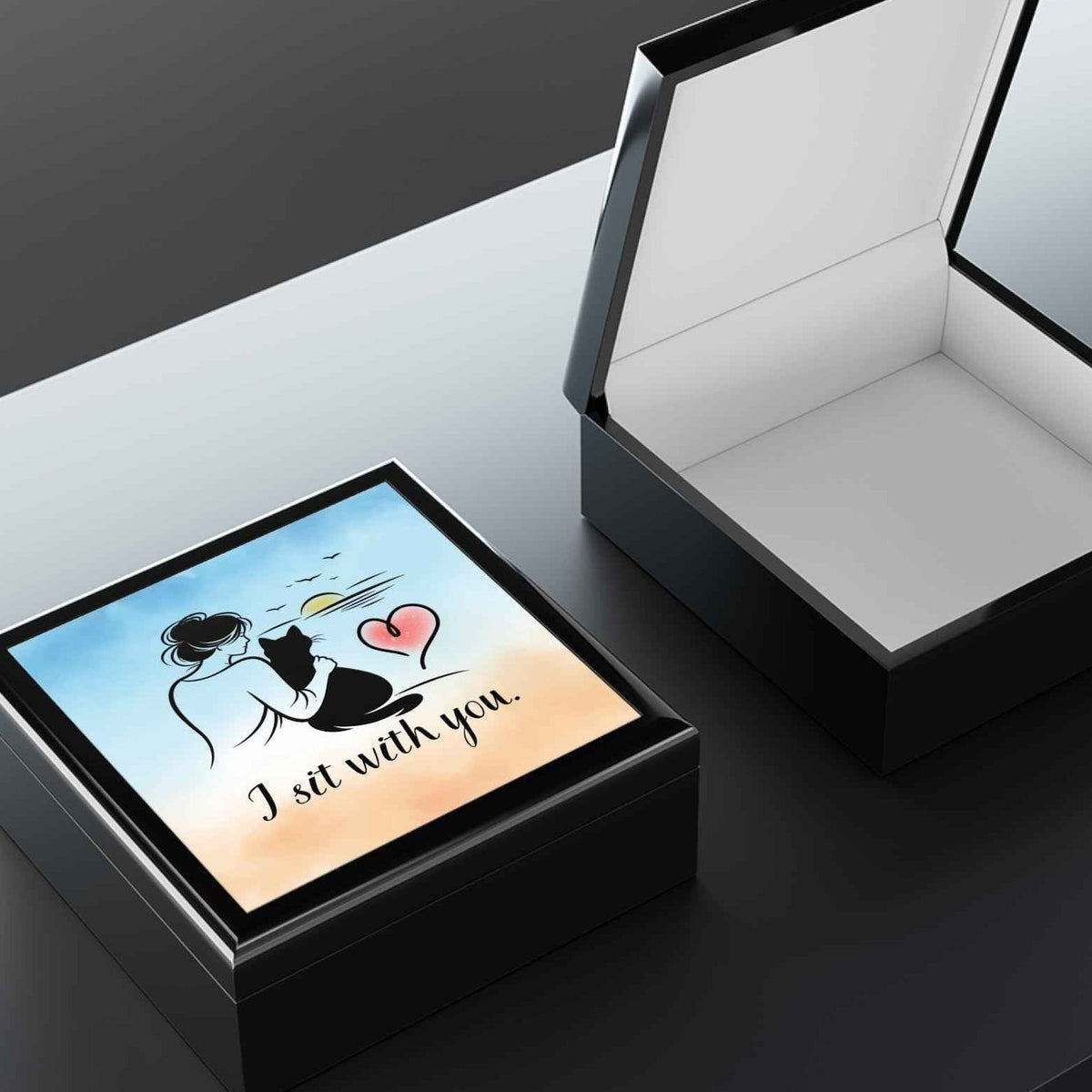 I Sit With You – Cat Silhouette Sunset Black Jewelry Box (Valentine Edition) - Decor, Jewelry Boxes - EpiAl's Shop