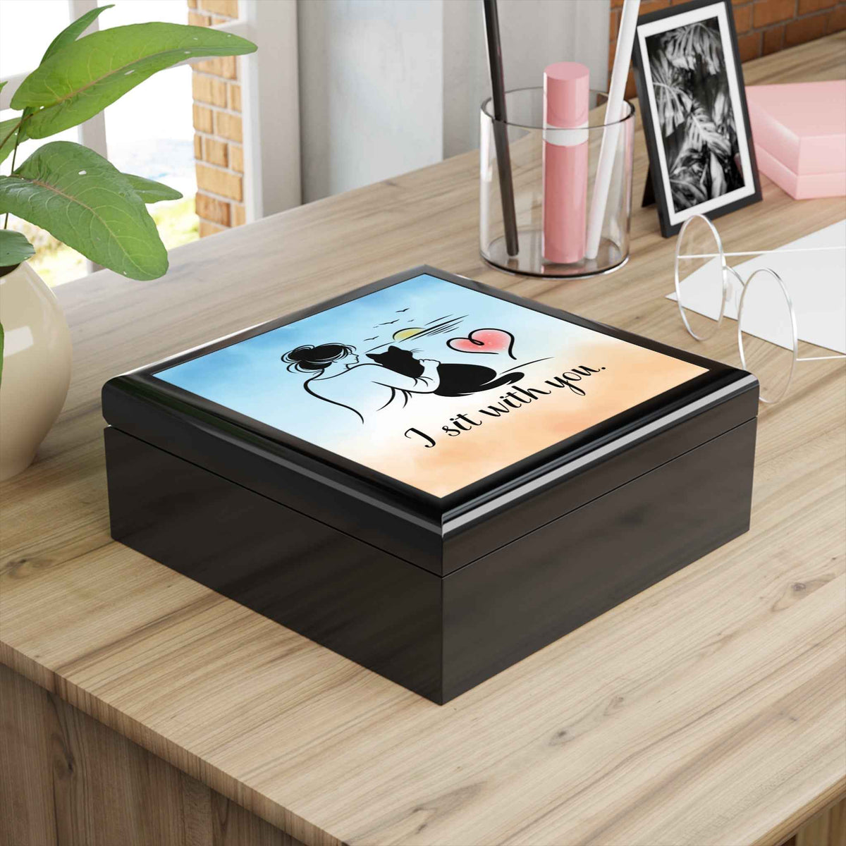 I Sit With You – Cat Silhouette Sunset Black Jewelry Box (Valentine Edition) - Decor, Jewelry Boxes - EpiAl's Shop
