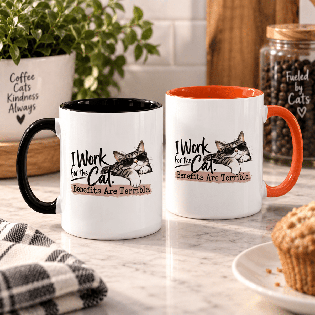I Work for the Cat Coffee Mug | Funny Cat Lover Ceramic Mug (11oz/15oz) - Drinkware, Coffee Mugs - EpiAl's Shop