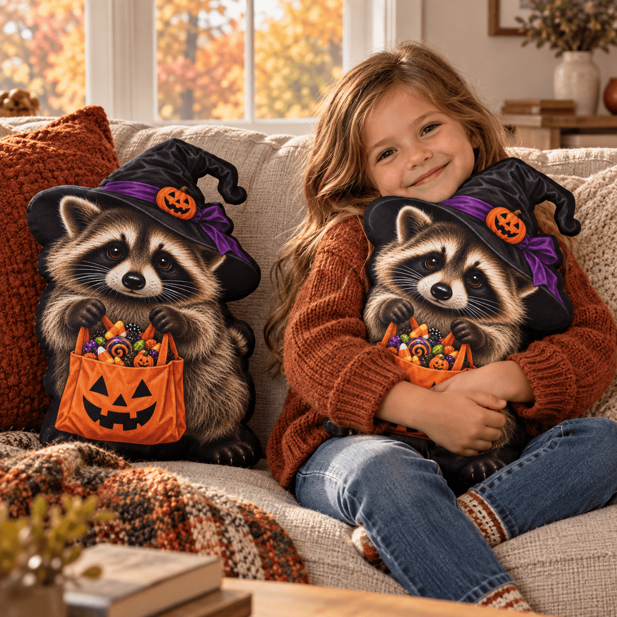 Jimothy Trick-or-Treat Raccoon Halloween Shaped Pillow - Decor, Pillows, Shaped - EpiAl's Shop