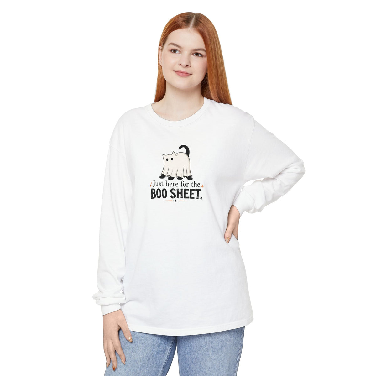 Just Here for the Boo Sheet Halloween Cat Long Sleeve Shirt - Clothing, Unisex, T-Shirts, Long-Sleeved - EpiAl's Shop