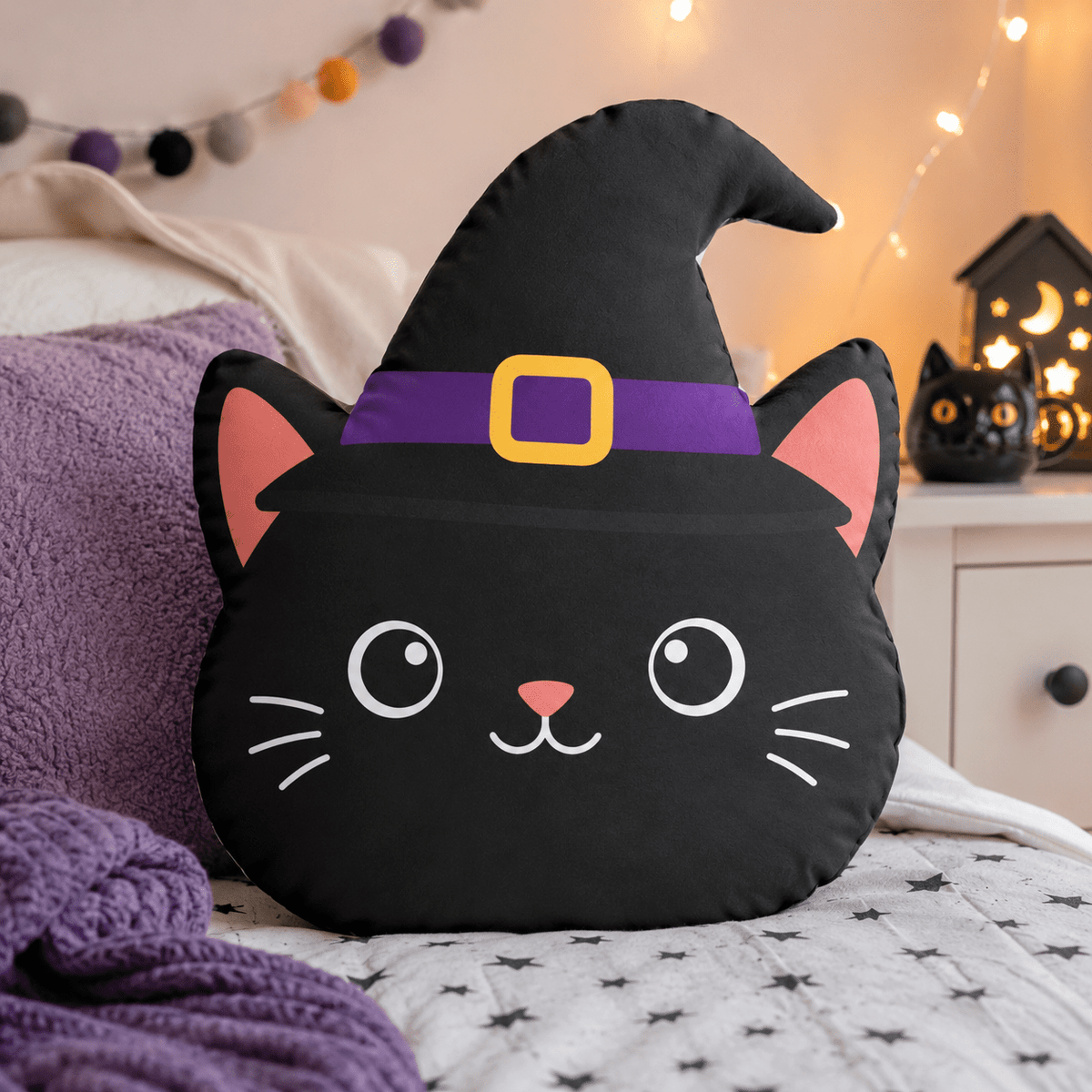 Kids Black Cat Witch Halloween Shaped Pillow | Double-Sided Plush Accent Pillow - Decor, Pillows, Shaped - EpiAl's Shop