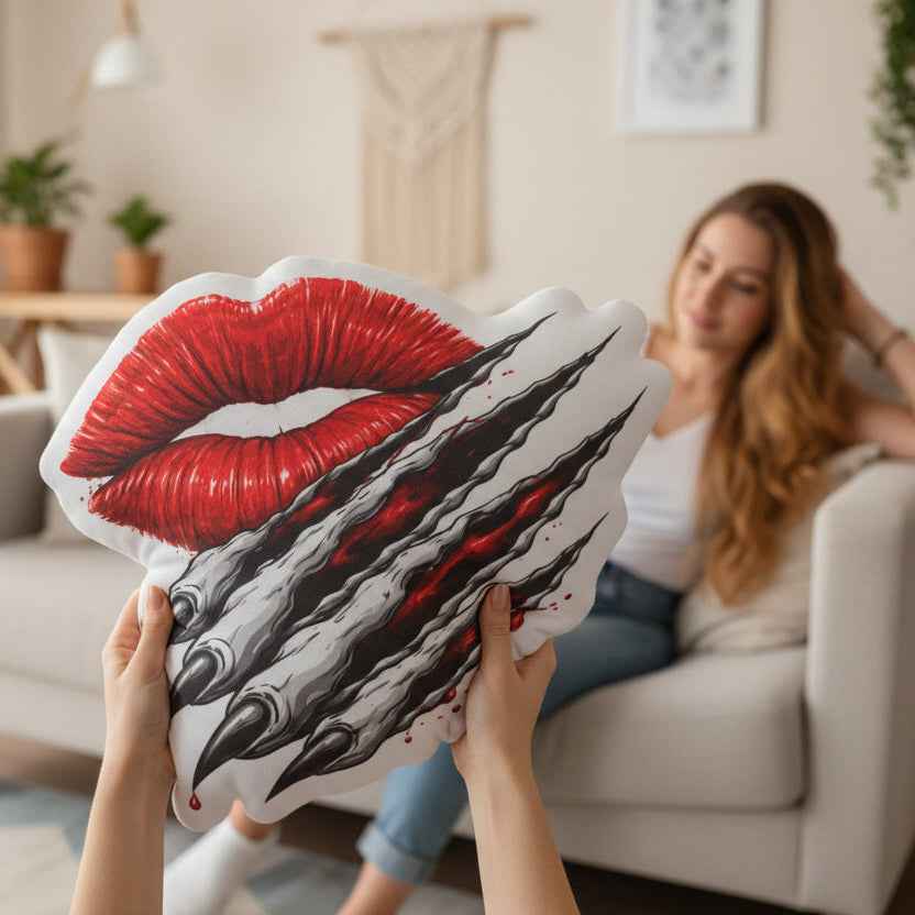 Kiss & Claw Shaped Pillow – Red Lips Slash Accent Pillow (Dark Romance Edition) - Decor, Pillows, Shaped - EpiAl's Shop