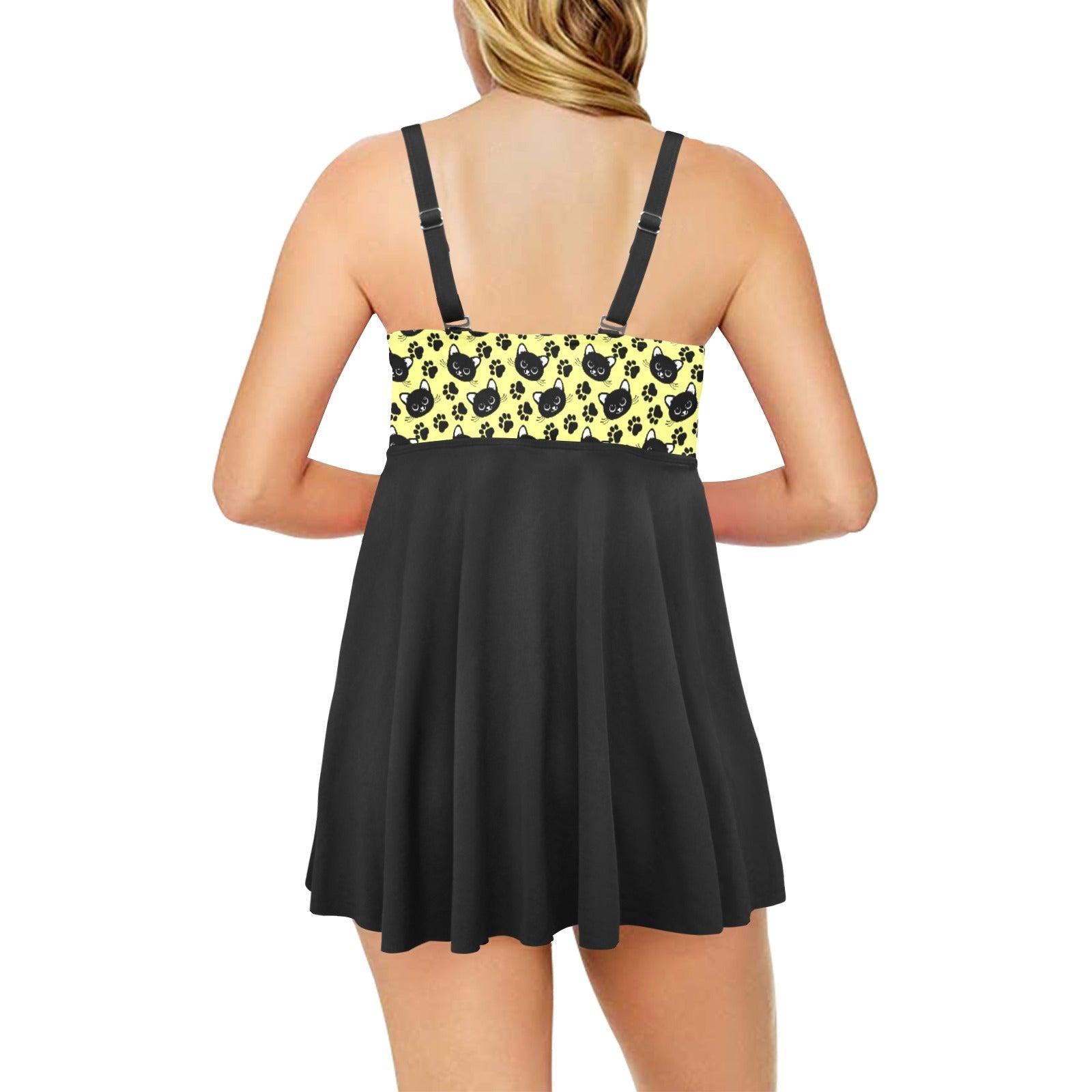 Kitties on Yellow Chest Pleat Swim Dress (S31) - Swimwear - Epileptic Al’s Shop