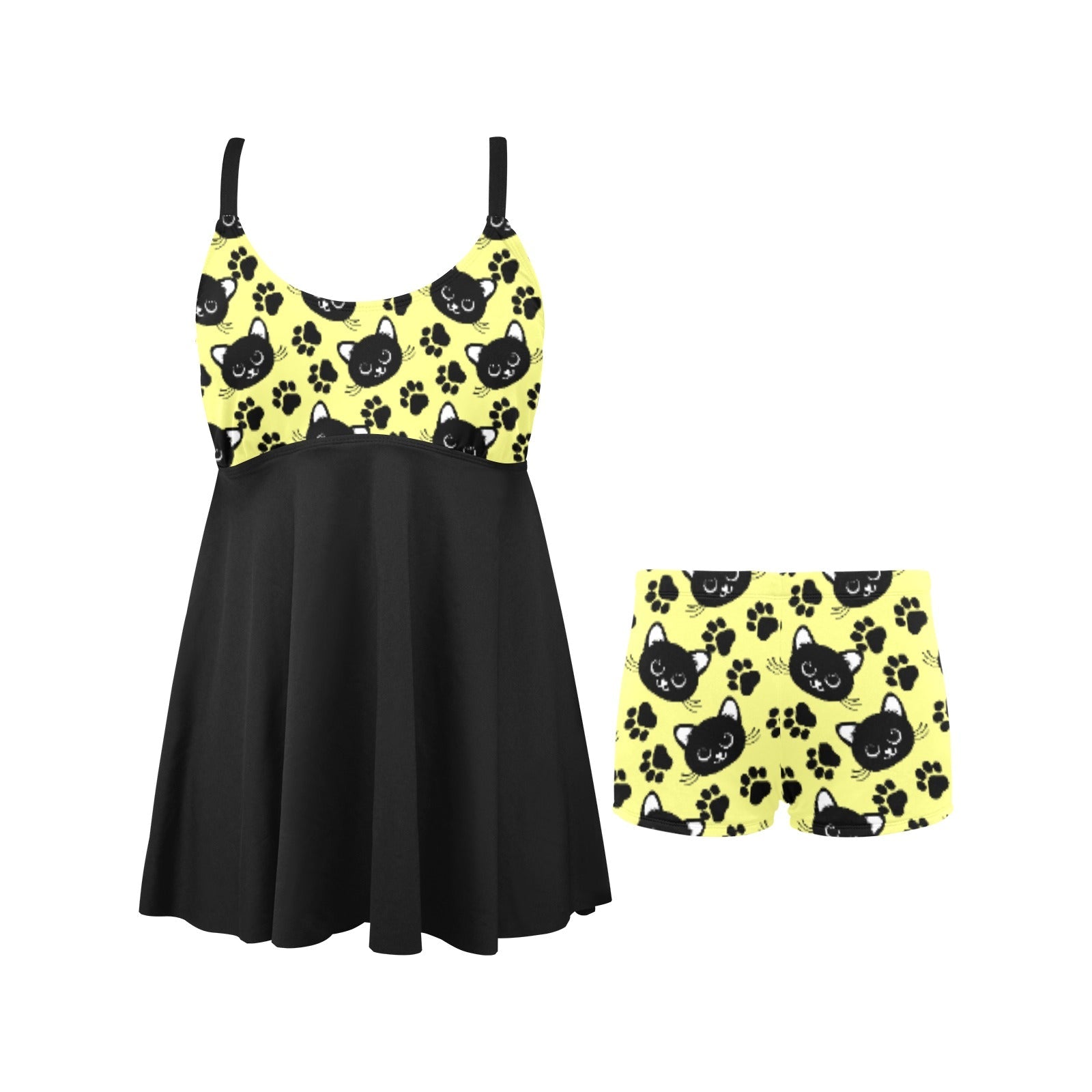 Kitties on Yellow Chest Pleat Swim Dress (S31) - Swimwear - Epileptic Al’s Shop