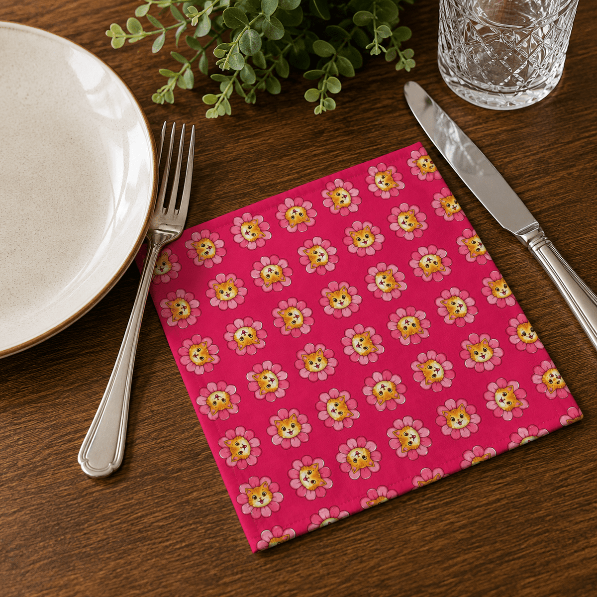 Kitty Bloom Cotton Twill Napkin | Pink Floral Cat Table Linen - Dining, Napkins - EpiAl's Shop