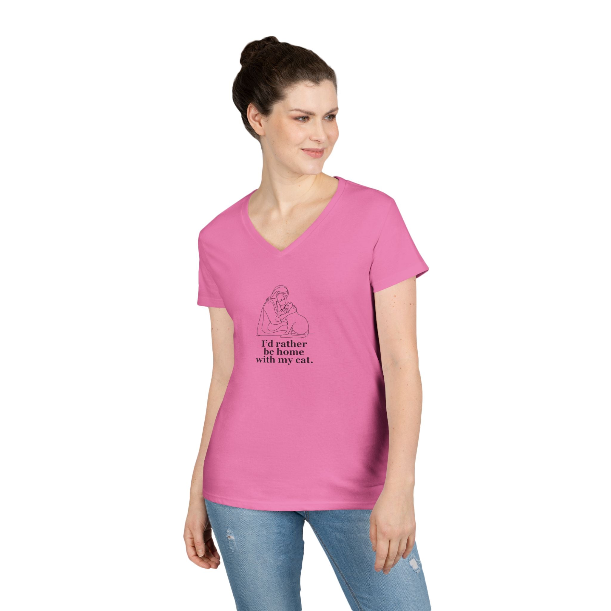 Ladies' V - Neck T-Shirt - 'I'd Rather Be Home With My Cat' - Cat Lover Tee - Clothing, T-shirts - EpiAl's Shop