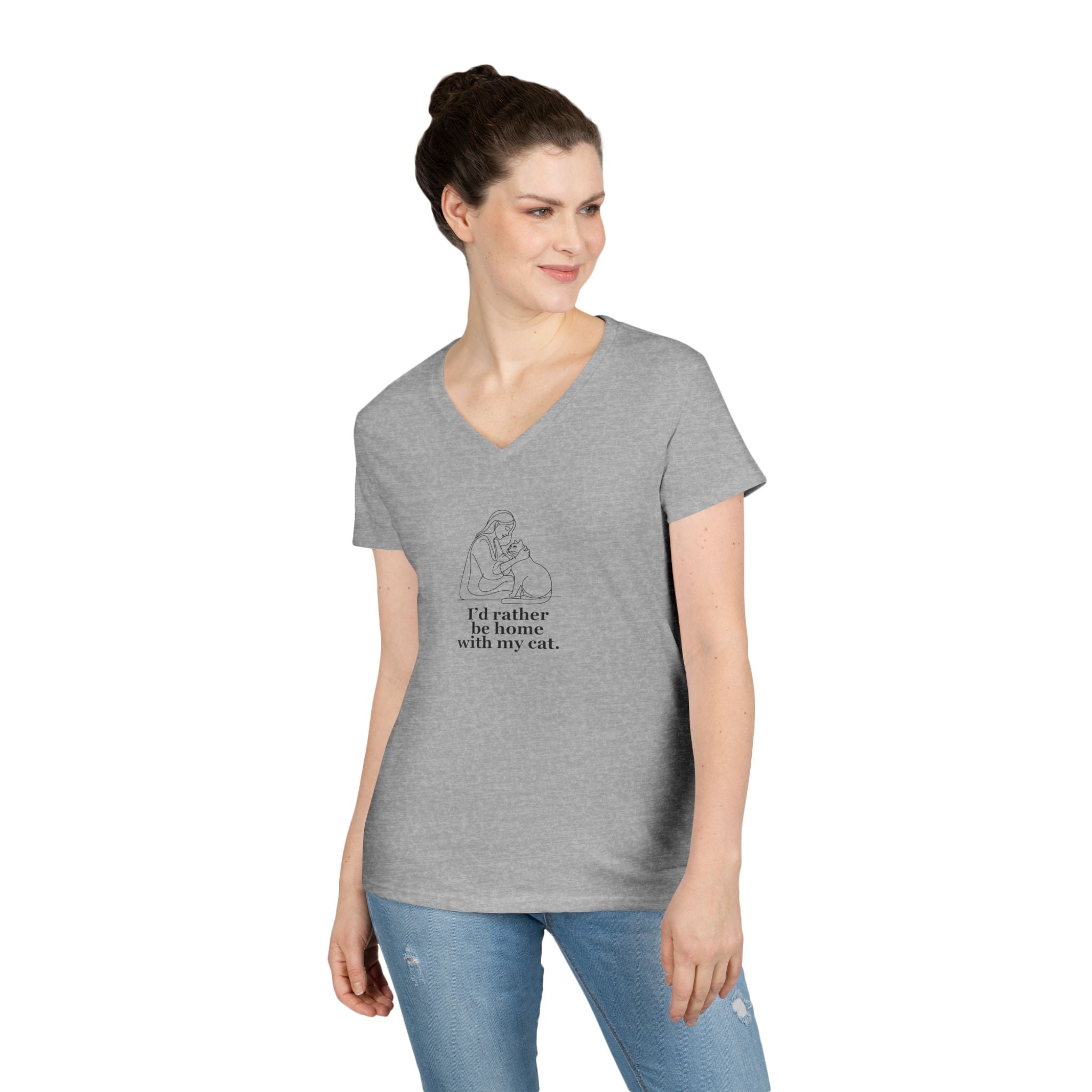 Ladies' V - Neck T-Shirt - 'I'd Rather Be Home With My Cat' - Cat Lover Tee - Clothing, T-shirts - EpiAl's Shop