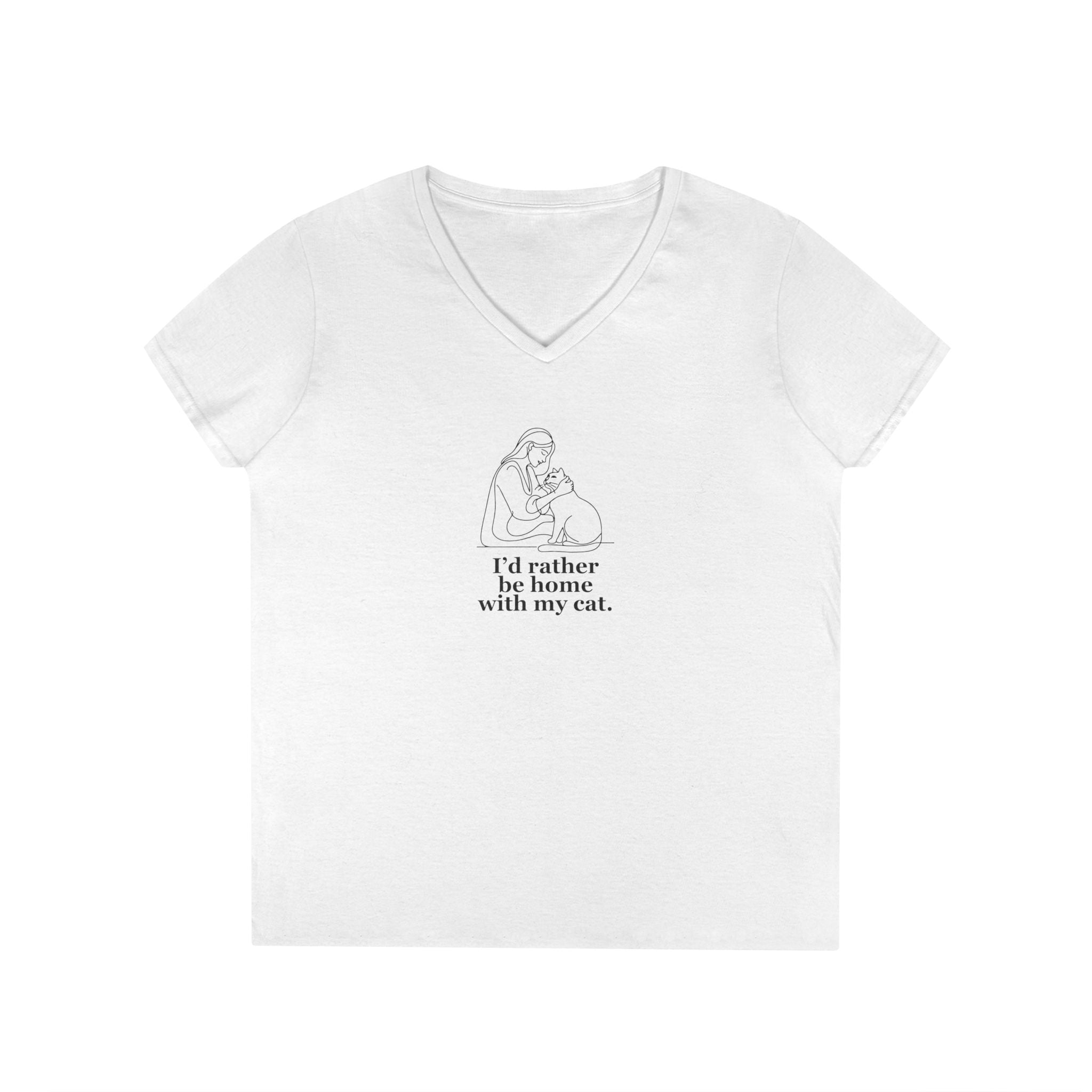 Ladies' V - Neck T-Shirt - 'I'd Rather Be Home With My Cat' - Cat Lover Tee - Clothing, T-shirts - EpiAl's Shop