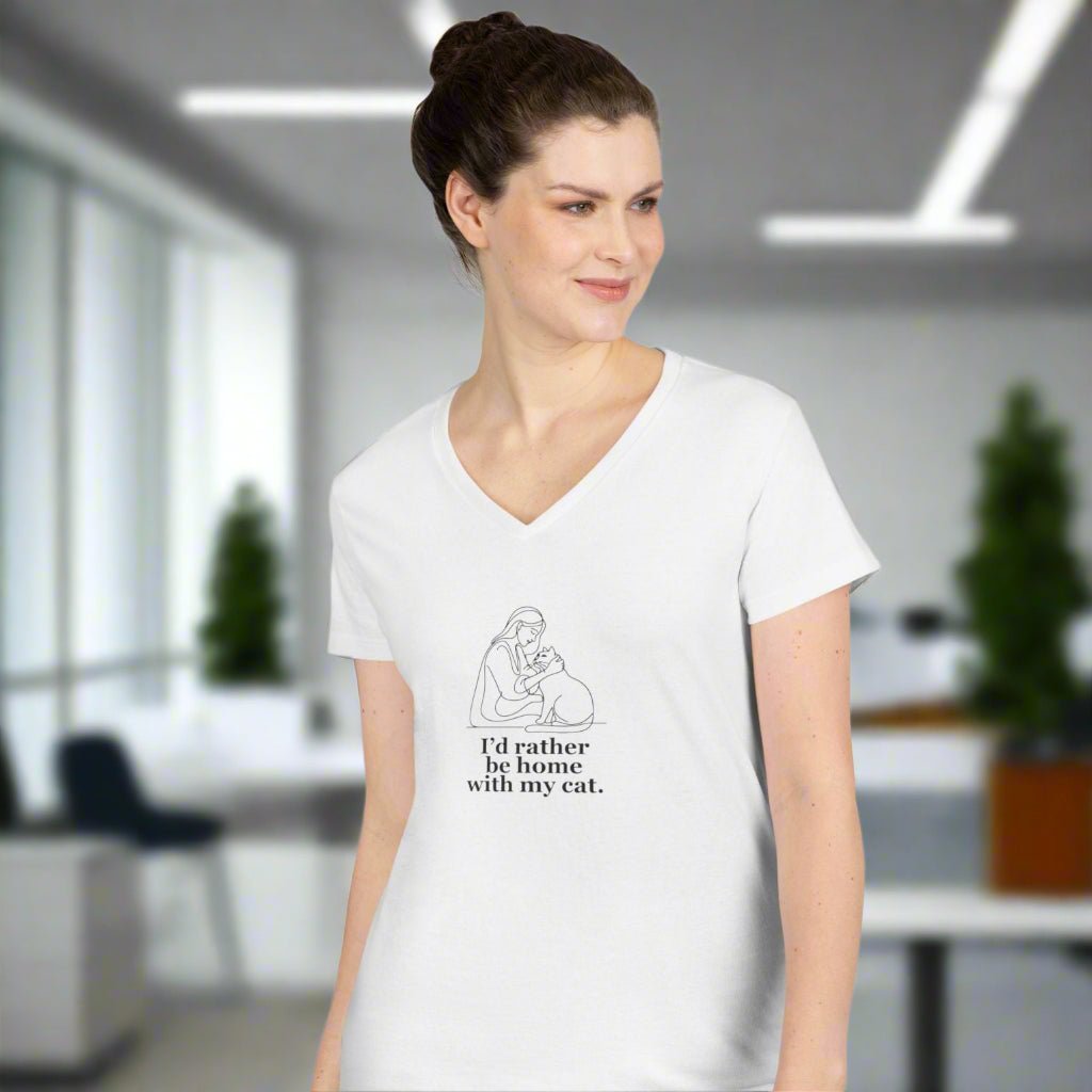 Ladies' V - Neck T-Shirt - 'I'd Rather Be Home With My Cat' - Cat Lover Tee - Clothing, T-shirts - EpiAl's Shop