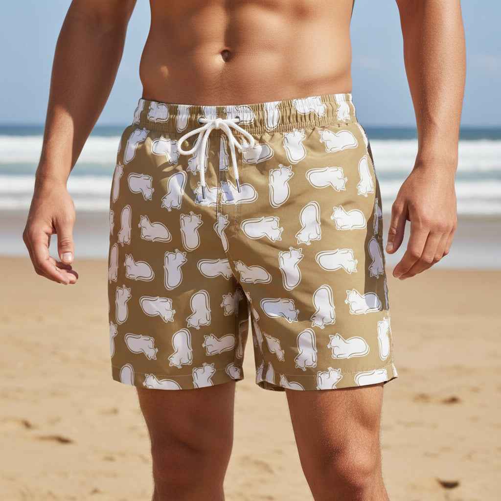 Laid-Back Cat Chaos Swim Trunks – Sand Tone Minimalist Print, Casual Beach Shorts - Clothing, Men, Swimsuit - EpiAl's Shop