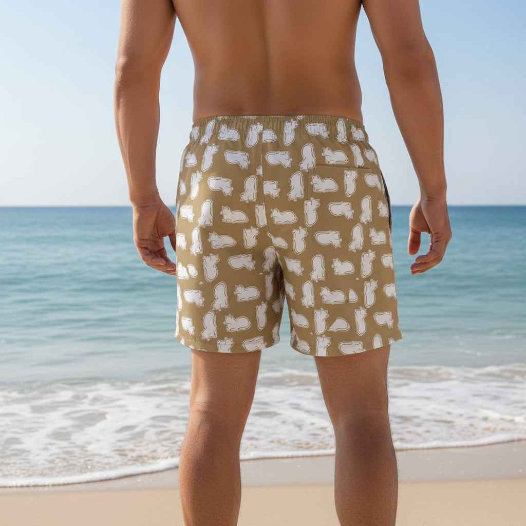 Laid-Back Cat Chaos Swim Trunks – Sand Tone Minimalist Print, Casual Beach Shorts - Clothing, Men, Swimsuit - EpiAl's Shop