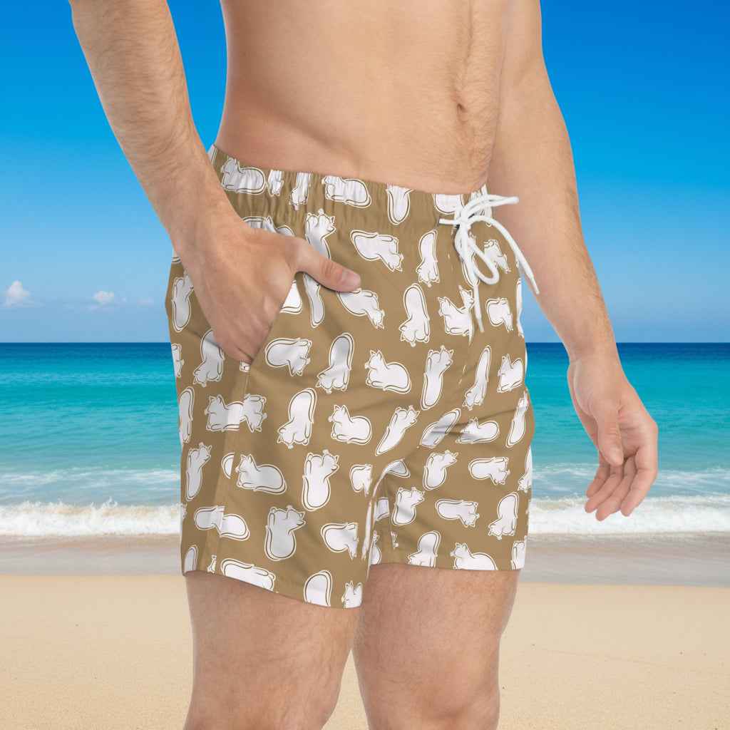 Laid-Back Cat Chaos Swim Trunks – Sand Tone Minimalist Print, Casual Beach Shorts - Clothing, Men, Swimsuit - EpiAl's Shop