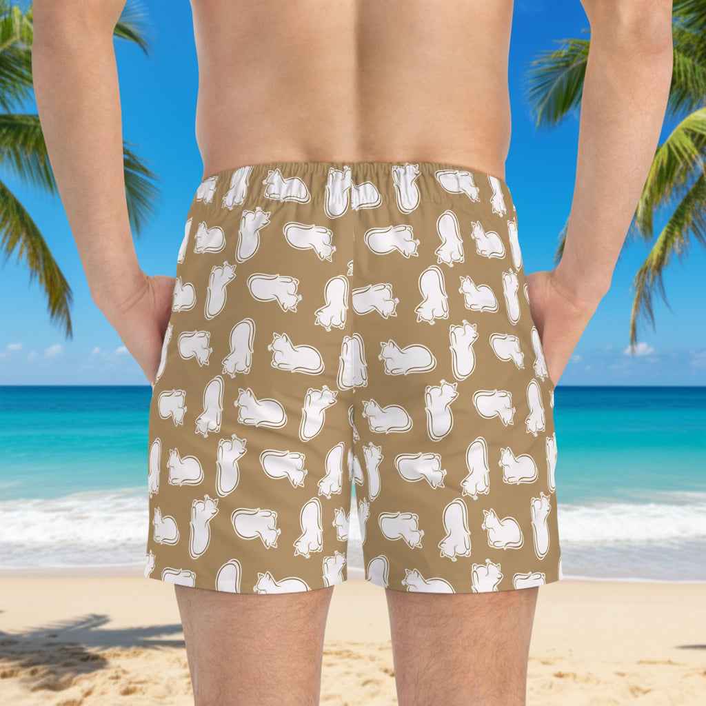 Laid-Back Cat Chaos Swim Trunks – Sand Tone Minimalist Print, Casual Beach Shorts - Clothing, Men, Swimsuit - EpiAl's Shop
