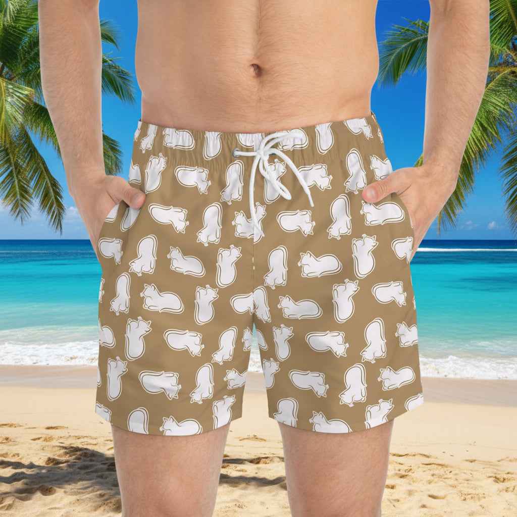 Laid-Back Cat Chaos Swim Trunks – Sand Tone Minimalist Print, Casual Beach Shorts - Clothing, Men, Swimsuit - EpiAl's Shop