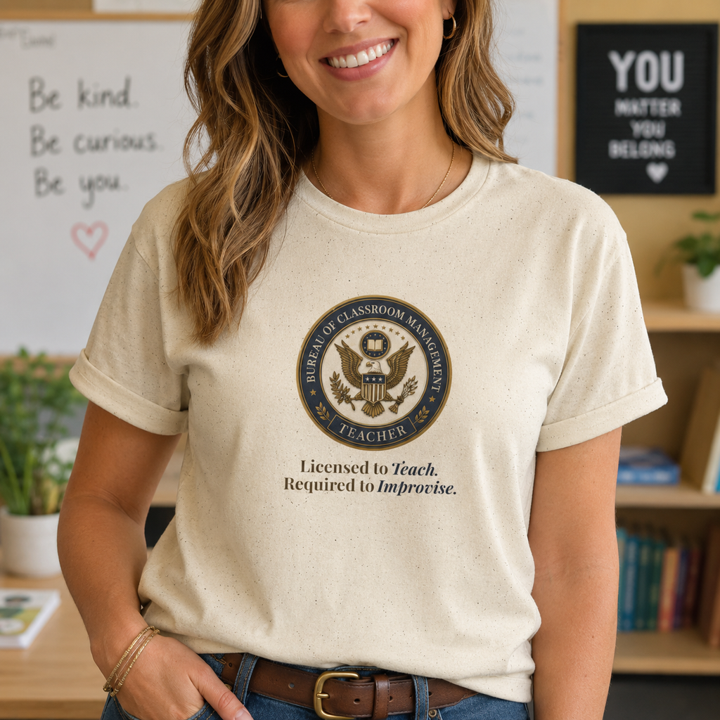 female teacher wearing a beige t-shirt in a classroom