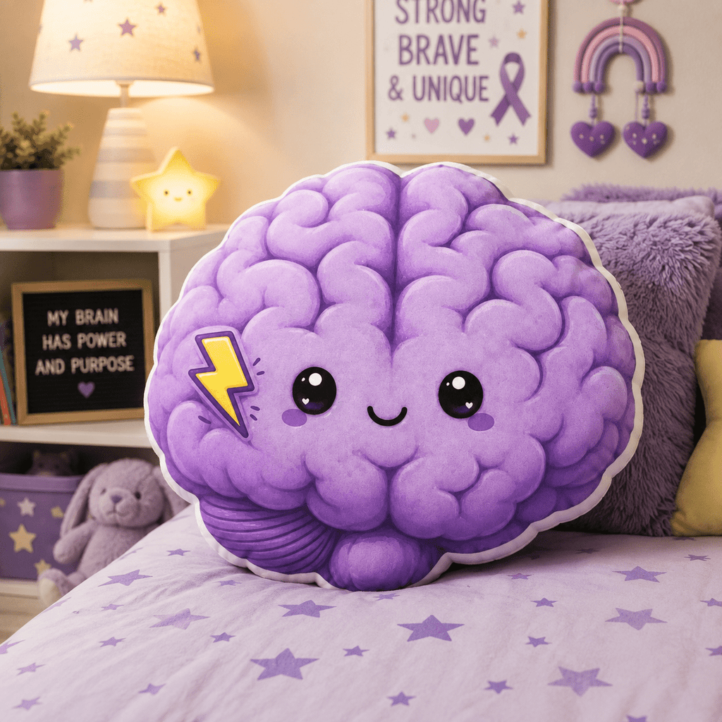 Little Spark Purple Brain Shaped Pillow | Kids Epilepsy Awareness Plush Cushion - Decor, Pillows, Shaped - EpiAl's Shop