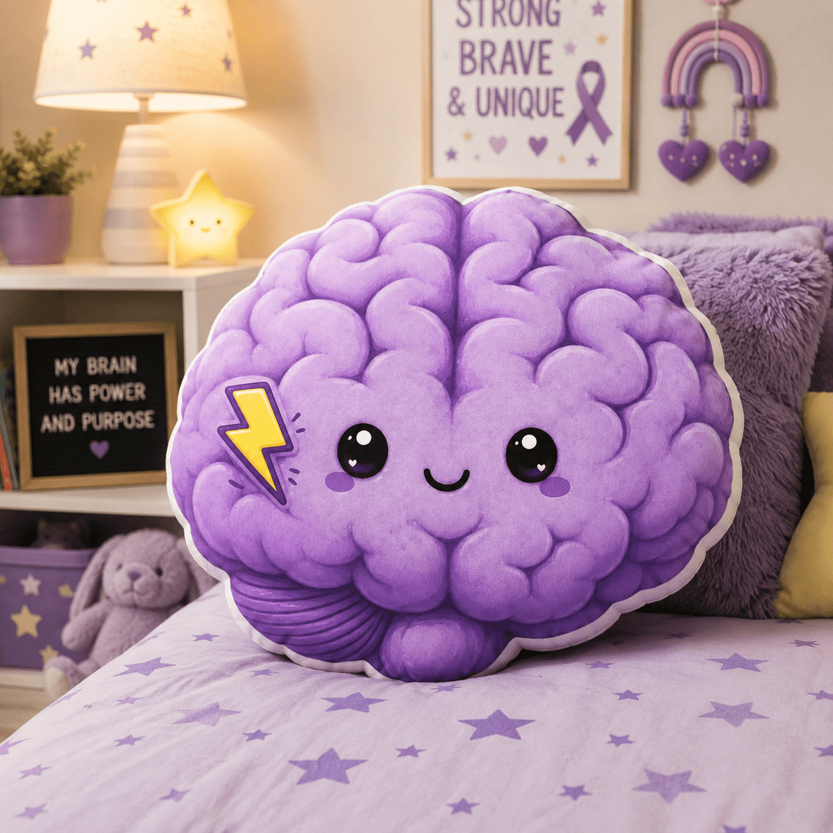 Little Spark Purple Brain Shaped Pillow | Kids Epilepsy Awareness Plush Cushion - Decor, Pillows, Shaped - EpiAl's Shop