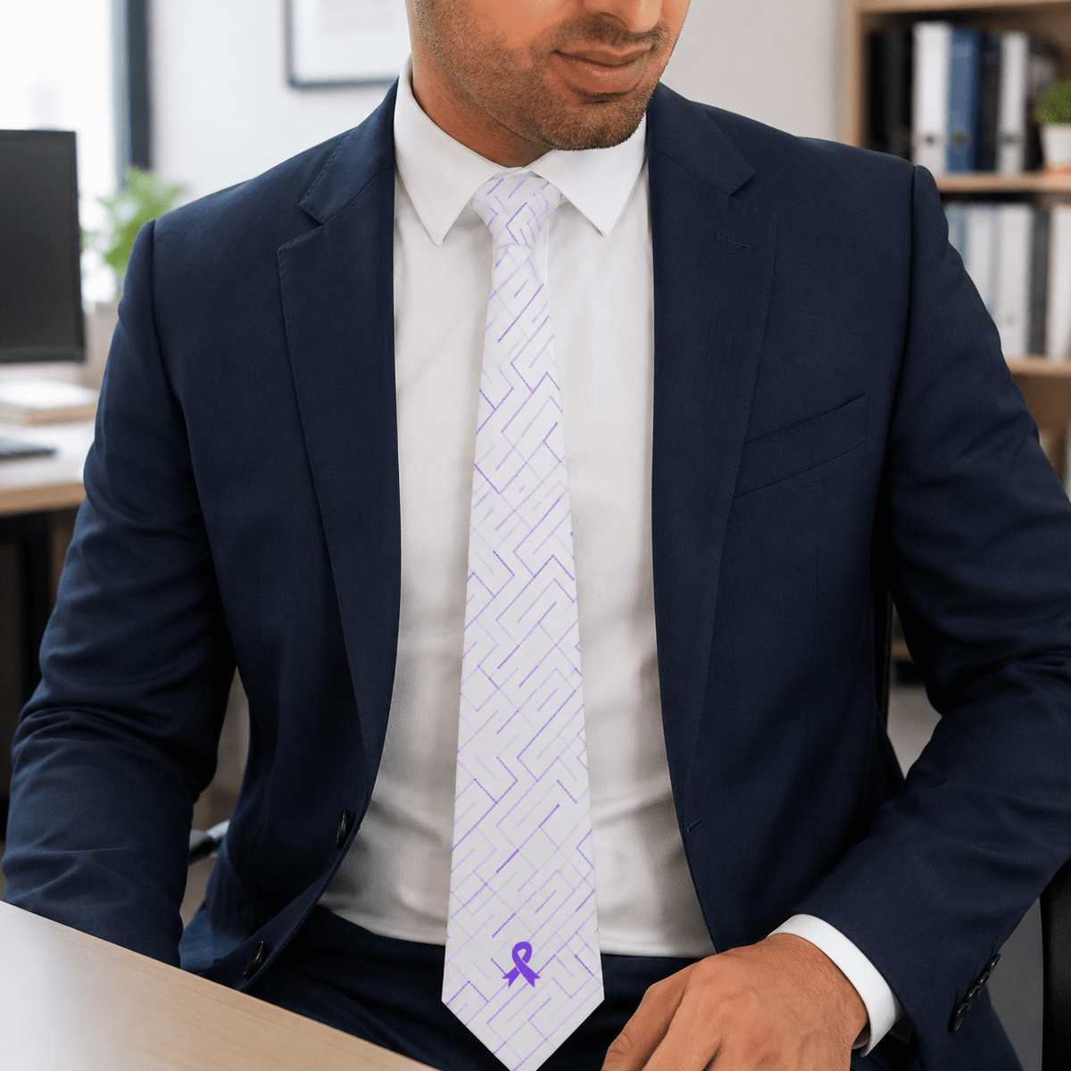 Living Aware Epilepsy Awareness Necktie | Purple Ribbon Geometric Dress Tie - Clothing, Men, Neckties - EpiAl's Shop